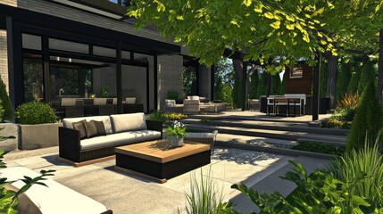 Poster - A large patio with a couch, coffee table, and chairs
