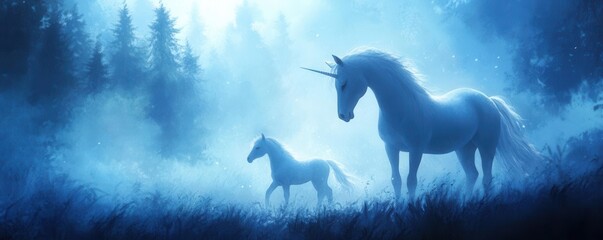  Unicorn mother with a foal, dense fog enveloping them, glowing softly with innocence and beauty, theme of rebirth, love, and rarity