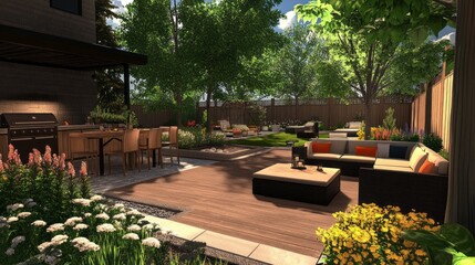 Poster - A backyard with a patio area with a wooden deck and a grill