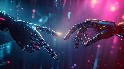 Poster - futuristic background with human and robot hands meeting, highlighting ai integration