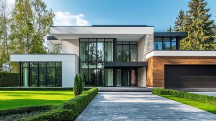 Poster - A large house with a large driveway and a black garage