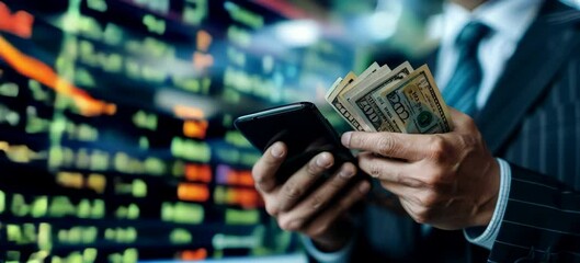 Poster - Businessman hold phone and dollar cash money with diagram chart stock market business on monitor screen background. Economy global trading exchange. Generative video AI technology.