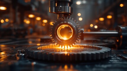 Poster - Glowing Gear in Industrial Setting: Close-up of a Radiant Gear Surrounded by Sparks and Glowing Light in a Modern Manufacturing Environment