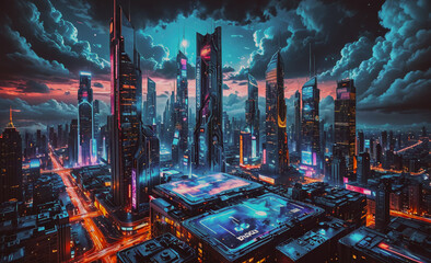 Poster - Cityscape with a neon sign that says 