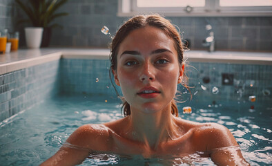 Aufkleber - Woman is in a bathtub with her head above the water. She is wearing no clothes