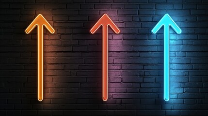 Poster - Three neon arrows pointing upwards in orange and blue against a textured dark wall, creating a modern and vibrant aesthetic.