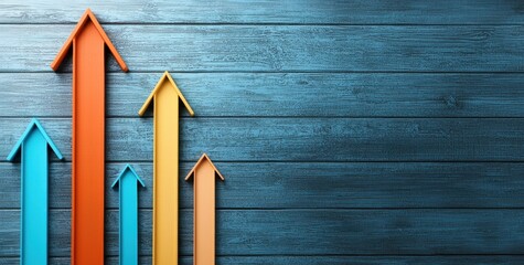 Poster - A vibrant graphic featuring upward arrows against a wooden backdrop, symbolizing growth, progress, and success in various contexts.