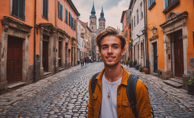 Poster - Man wearing a yellow jacket and a backpack is smiling. He is standing in front of a building