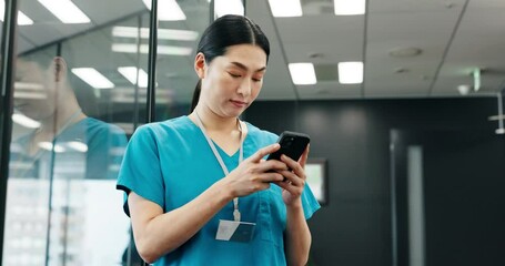 Poster - Woman, phone and nurse typing in hospital for healthcare update, telehealth or planning schedule in Japan. Asian person, mobile and medical professional with news, wellness email and reading report