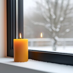 Wall Mural - Cozy candle by the snowy window in winter