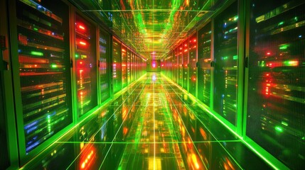 Poster - Illuminated Server Room Corridor Displays Technological Advancement