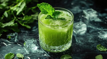 Poster - Fresh green juice served in an elegant glass, garnished with a vibrant green leaf, surrounded by ice cubes and fresh mint leaves on a dark textured surface.