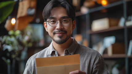 Wall Mural - A man with glasses is holding a brown envelope