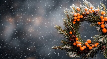 Wall Mural - Festive winter wreath adorned with orange berries and snow