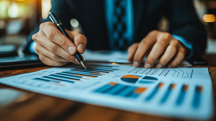 Poster - A man is writing with a pen on a piece of paper. The paper has a lot of numbers and graphs on it. The man is focused on his work and he is in a serious mood