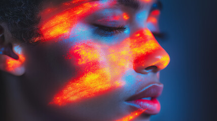 Poster - A woman's face is painted with bright colors, creating a striking and bold look. The colors seem to be glowing, giving the impression of a fiery or energetic mood. The woman's eyes are closed