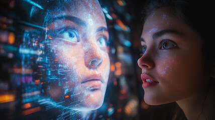 Poster - A woman is looking at a computer screen that shows a woman's face. The woman's face is surrounded by a glowing, digital aura