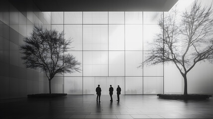 Sticker - A group of three people are standing in front of a building with trees in the background. The scene is set in a large, empty room with a lot of glass windows. Scene is somewhat somber and quiet