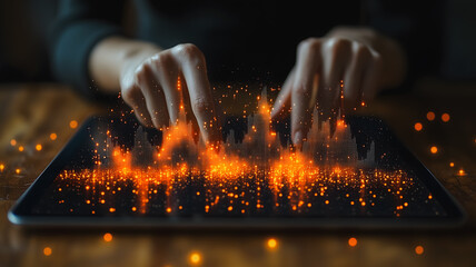 Poster - A person is typing on a tablet with a glowing cityscape in the background