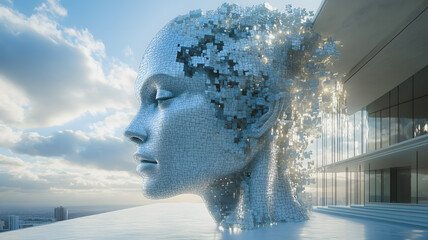 Poster - A woman's face is made of small pieces of metal, and the image is set against a cloudy sky. Scene is somewhat melancholic, as the woman's face appears to be fragmented and broken