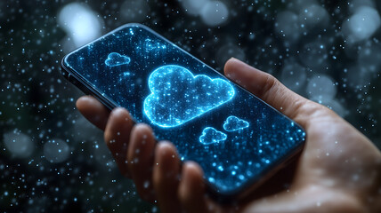 Poster - A hand holding a cell phone with a heart and clouds on the screen. Concept of love and warmth, as the heart symbolizes affection and the clouds represent the sky. The blue color of the phone
