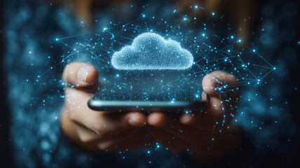 Poster - A person is holding a cell phone with a cloud on the screen. Concept of technology and innovation, as the cloud represents the vast amount of data that can be stored and accessed through the device