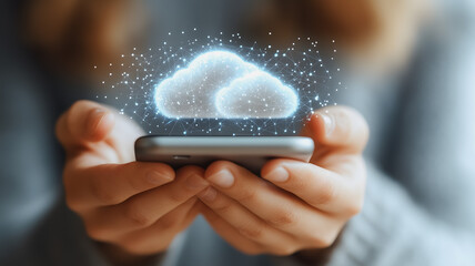 Poster - a woman is holding a cell phone with a cloud on the screen. the cloud is glowing and he is floating 