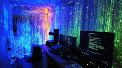 Poster - Illuminated Workspace Featuring Fiber Optic Walls And Computer Monitors