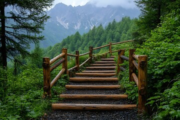 Canvas Print - Scenic wooden stairs lead through lush mountain landscape