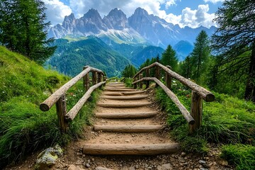 Wall Mural - Scenic wooden pathway leading to majestic mountain landscape