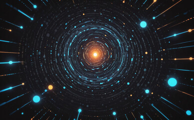 Poster - spiral of dots with a yellow center. the dots are blue and orange. the spiral is in the middle of th