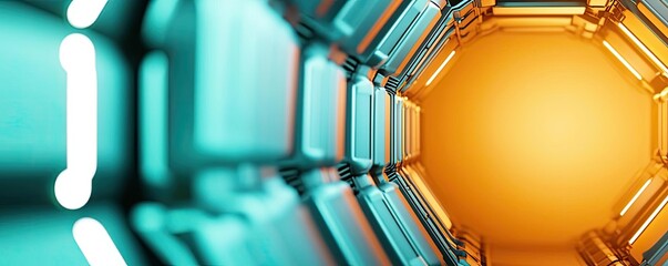 Aufkleber - Abstract futuristic tunnel with glowing blue and orange lights, digital art.