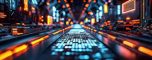 Poster - Futuristic corridor with glowing lights and digital interface, abstract design