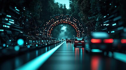 Poster - Futuristic highway scene with illuminated lanes and digital elements.