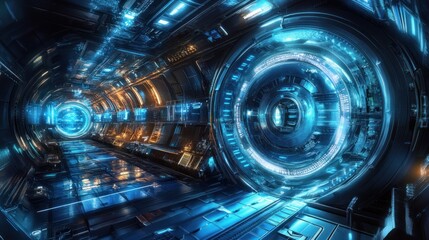 Poster - Futuristic Spaceship Corridor Glowing Blue And Orange Lights