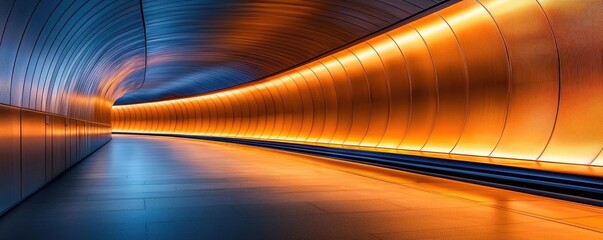 Aufkleber - Futuristic tunnel with vibrant orange and blue lighting, smooth reflective floor.