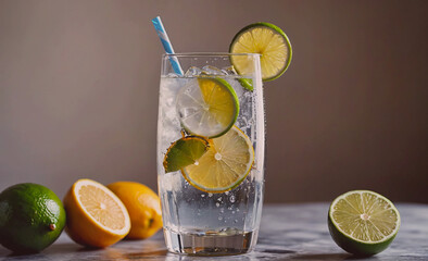 Poster - Glass of water with a straw and a slice of lime in it. There are also two slices of lemon on the table