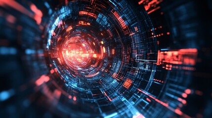 Fototapete - Digital information flows through futuristic tunnel with orange and blue lights