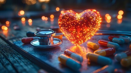 Poster - Stethoscope wrapped around a glowing red heart surrounded by colorful medicine capsules Stock Photo with side copy space