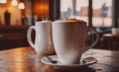 Aufkleber - White coffee cup with a spoon on a white plate. The cup is on a wooden table