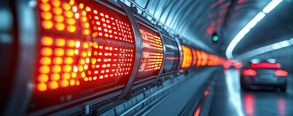 Poster - Red illuminated signs in a futuristic tunnel with a vehicle in motion.