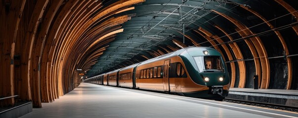 Poster - Futuristic train at a modern underground station with unique architectural design.