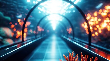 Poster - Underwater tunnel with vibrant coral and glowing lights, creating an immersive experience.
