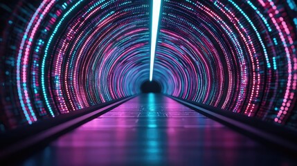 Poster - Futuristic tunnel with vibrant neon lights and digital patterns.