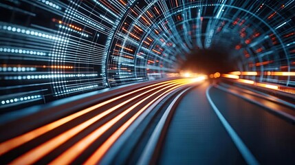 Fototapete - Abstract tunnel with lights, conveying speed and acceleration in digital space.
