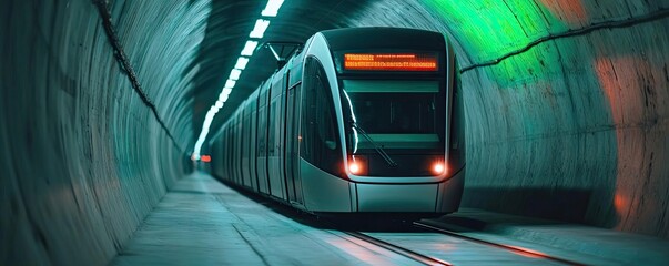 Poster - Modern train emerging from illuminated tunnel, showcasing advanced engineering.