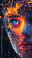 Poster - Woman showing futuristic cyborg face with electronic circuits