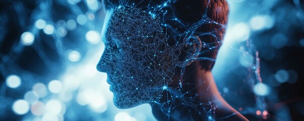 Poster - Artificial intelligence forming face with futuristic network mesh