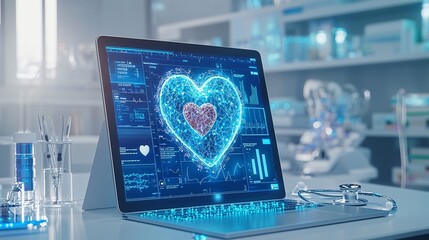 Poster - Medical office desk with a stethoscope heart-shaped icon and tablet computer displaying healthcare statistics Stock Photo with side copy space