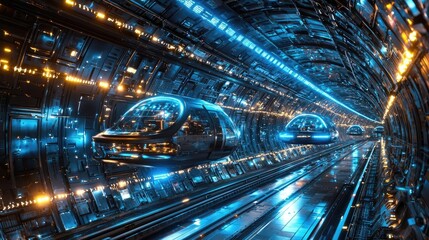 Poster - Futuristic transport system in a neon-lit tunnel with glowing vehicles.